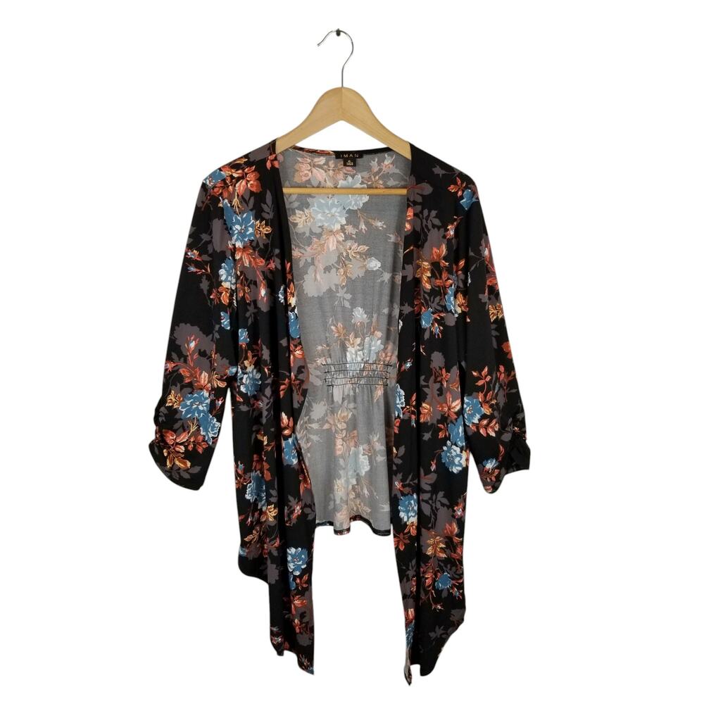IMAN Stretch Slinky Knit 3 Piece Set Black Floral Tank Jacket Pants Size XL - Picture 2 of 9